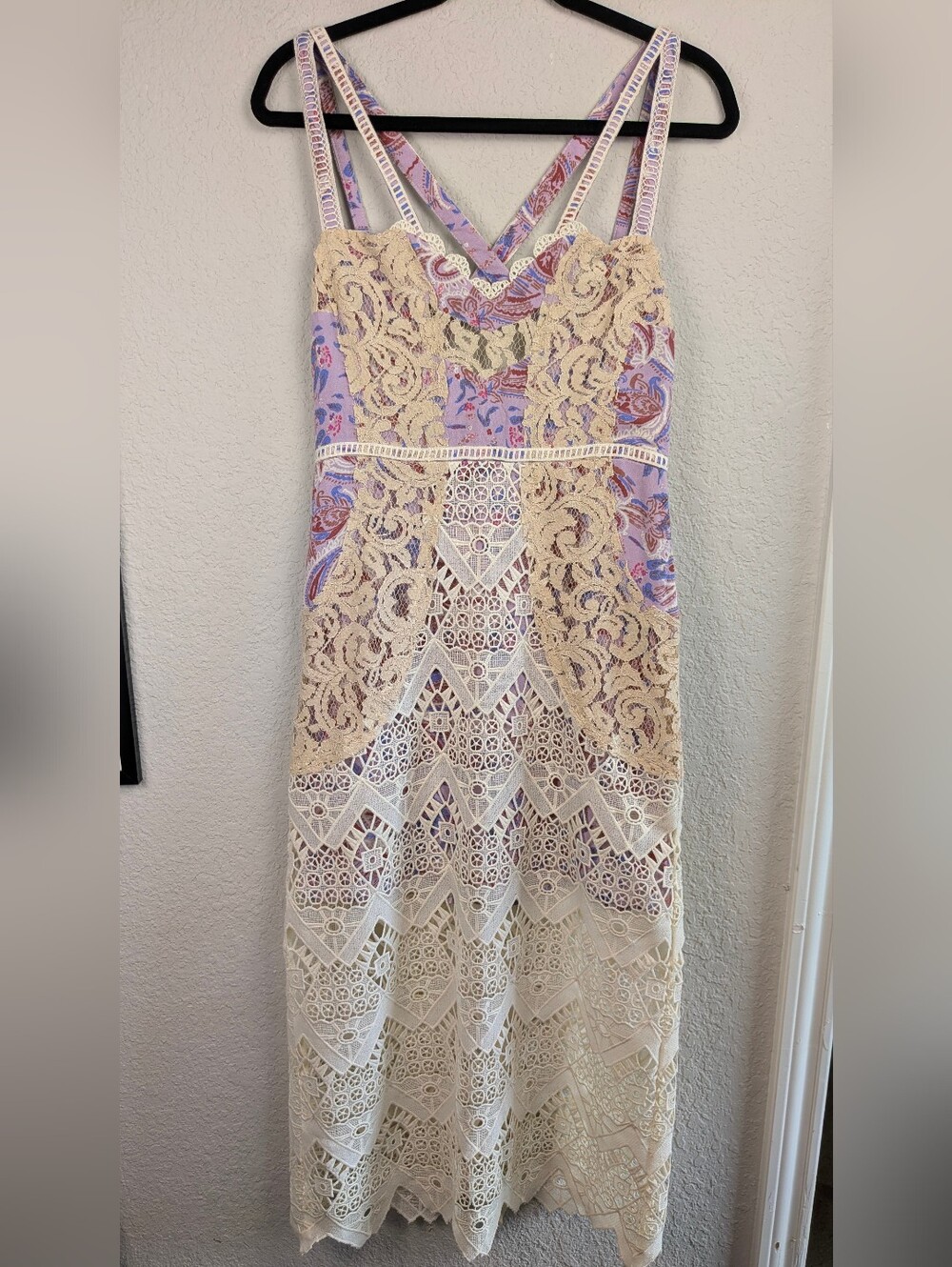 Free People "Still Life" Midi Sheath Dress Size 6 Open Back Lace Lavender